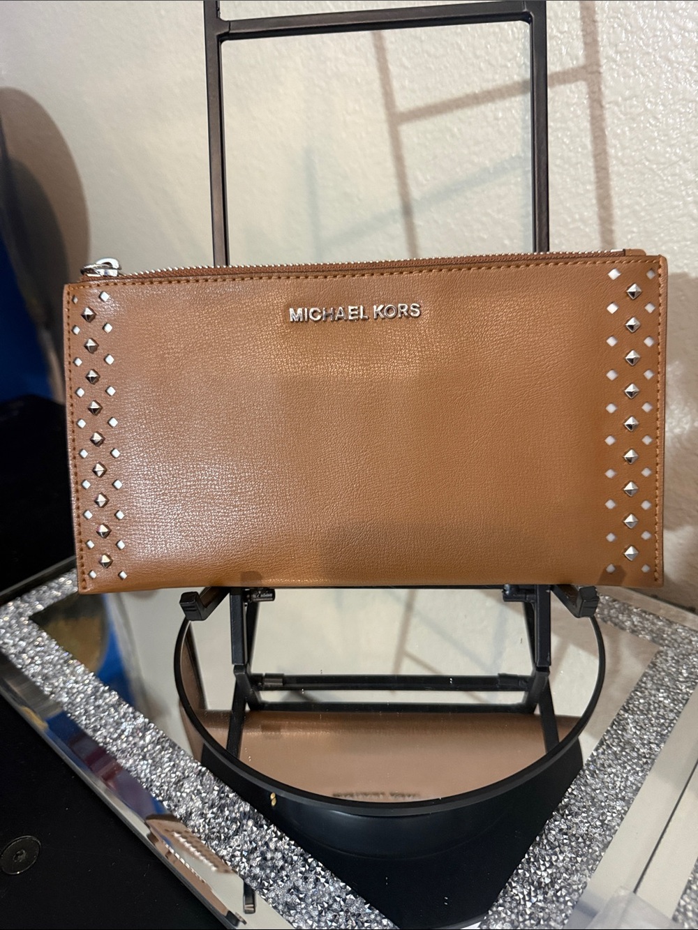 MICHAEL KORS Tan Leather Larger Wristlet with Silver Studs